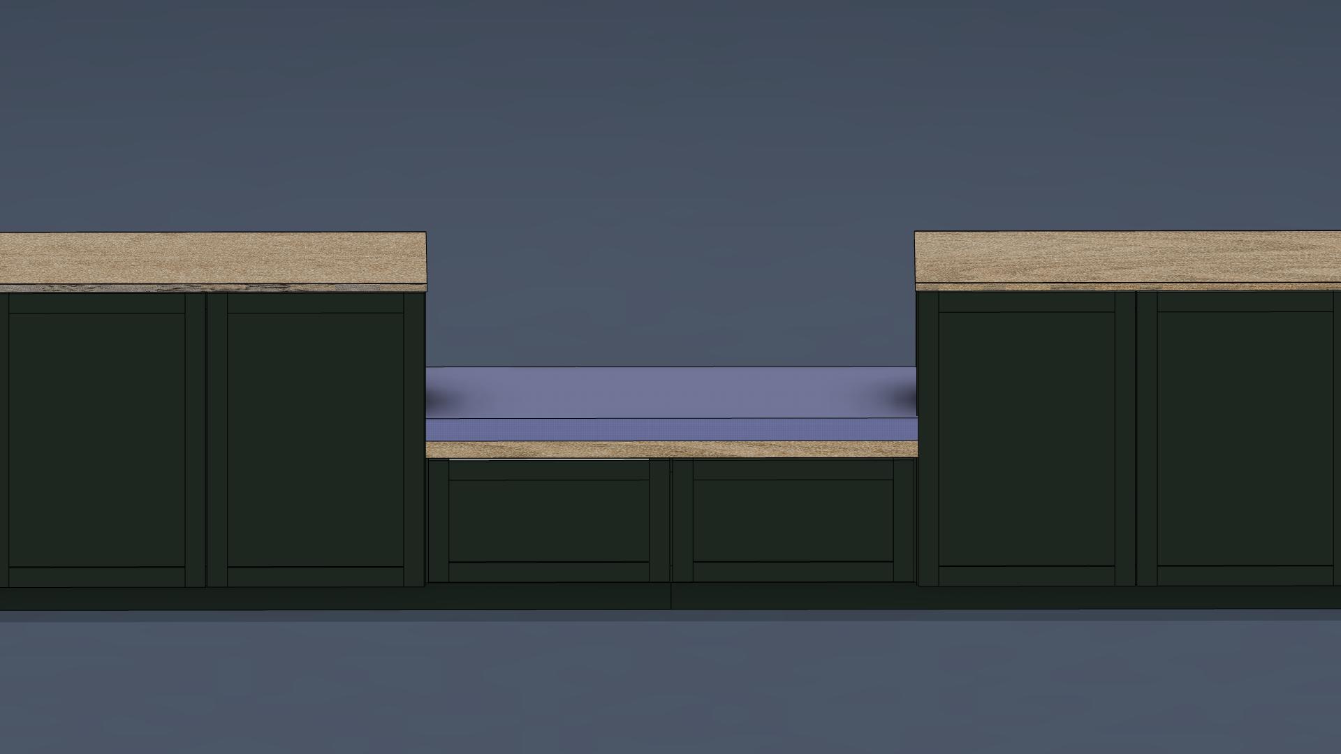 Front elevation render of the banquette showing cabinet doors, bench seat, and light wood tops