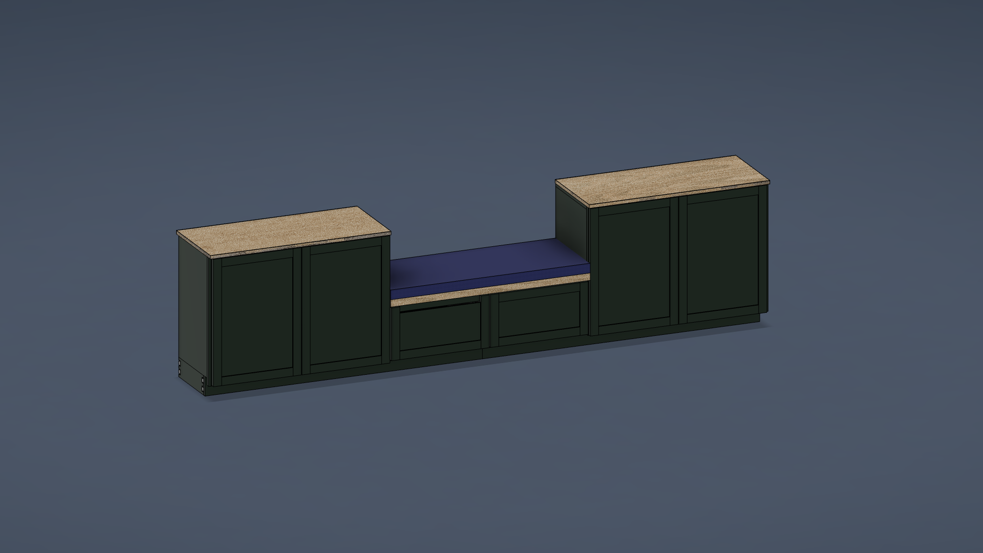 Isometric SketchUp render of the full banquette — two cabinet runs flanking a center bench seat