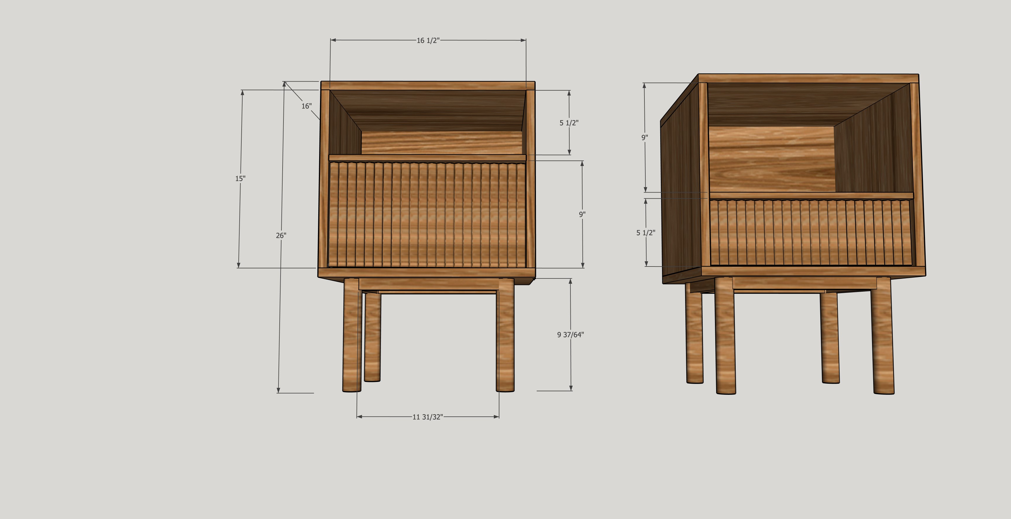 3D render of the nightstand showing leg and drawer face detail